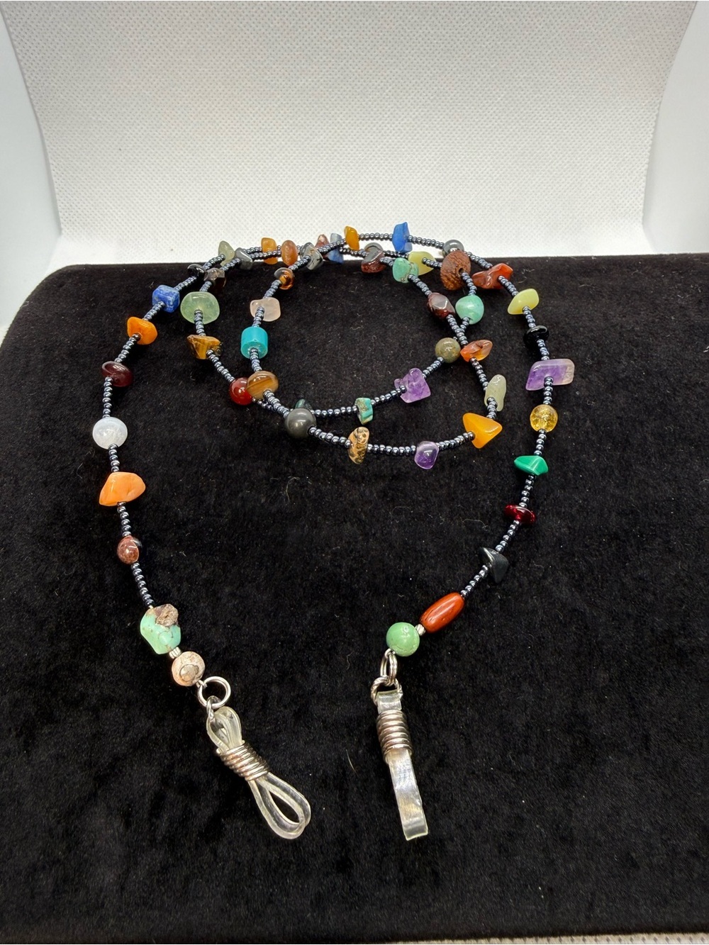 Vintage Gemstone Eyeglass Holder Necklace 31” Multi Stone Beaded Lanyard